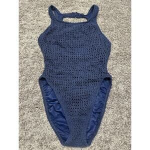 VTG Baja 10 Festival Beach Swimsuit Bikini Crochet Macrame Navy Blue Boho Hippie